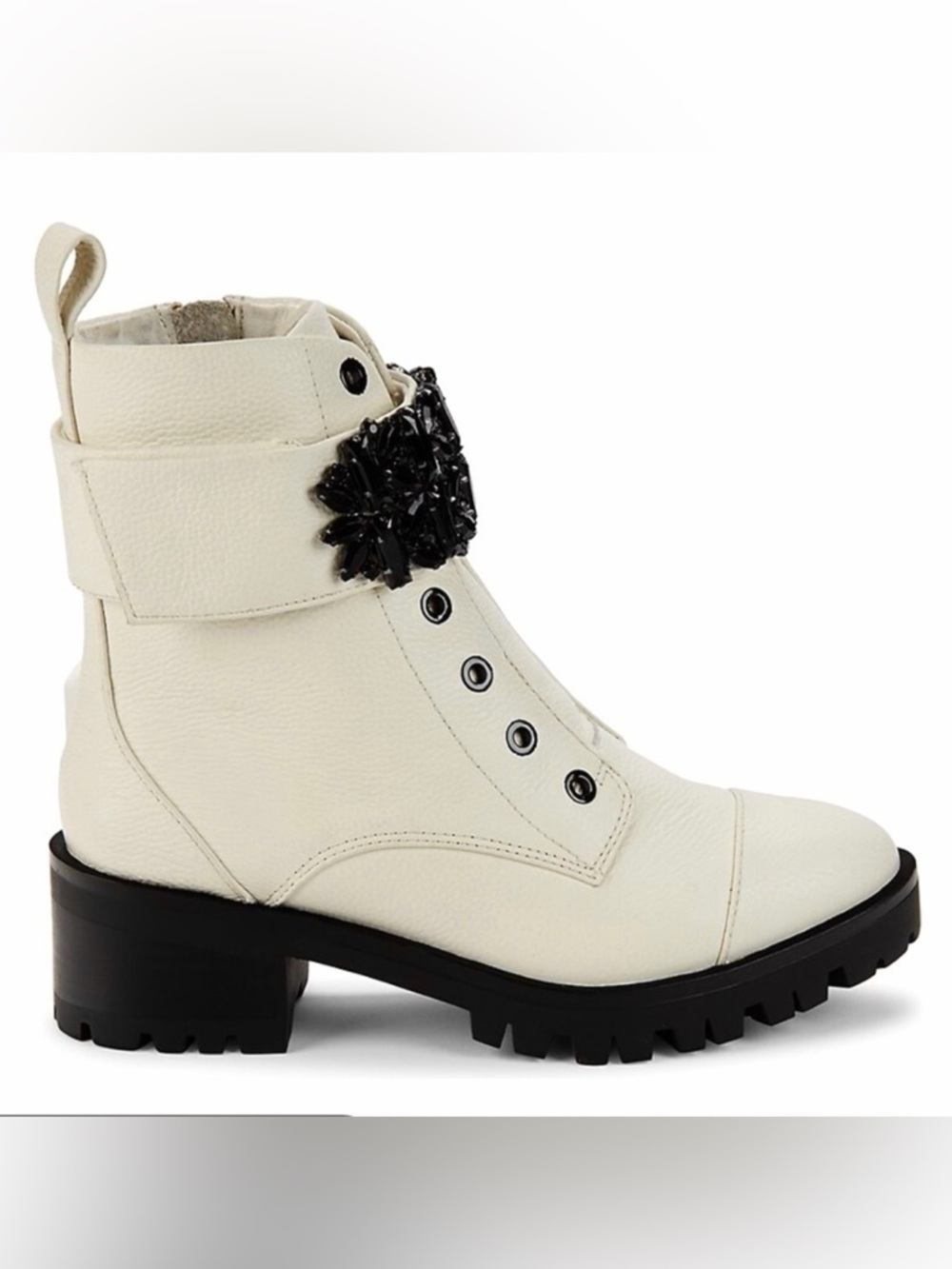 KARL LAGERFELD Pippa Lug Sole Ivory Combat Boot W/ Rhinestone Embellishments 9.5
